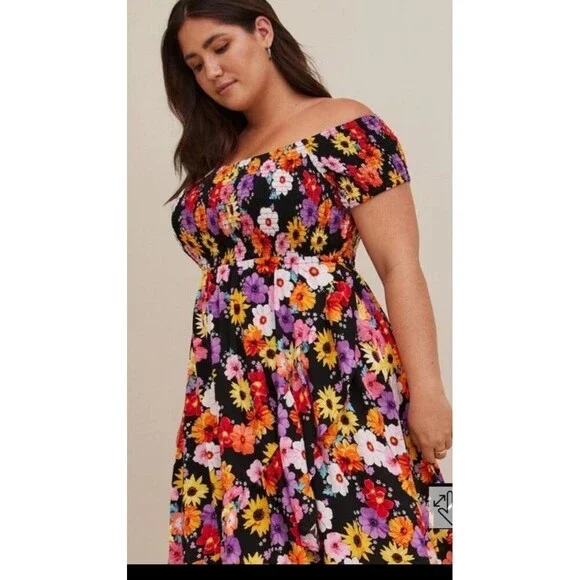 Torrid Maxi Challis Off-Shoulder Tulip Hem Floral Maxi  Dress Plus Size 5X (28) - Picture 3 of 15